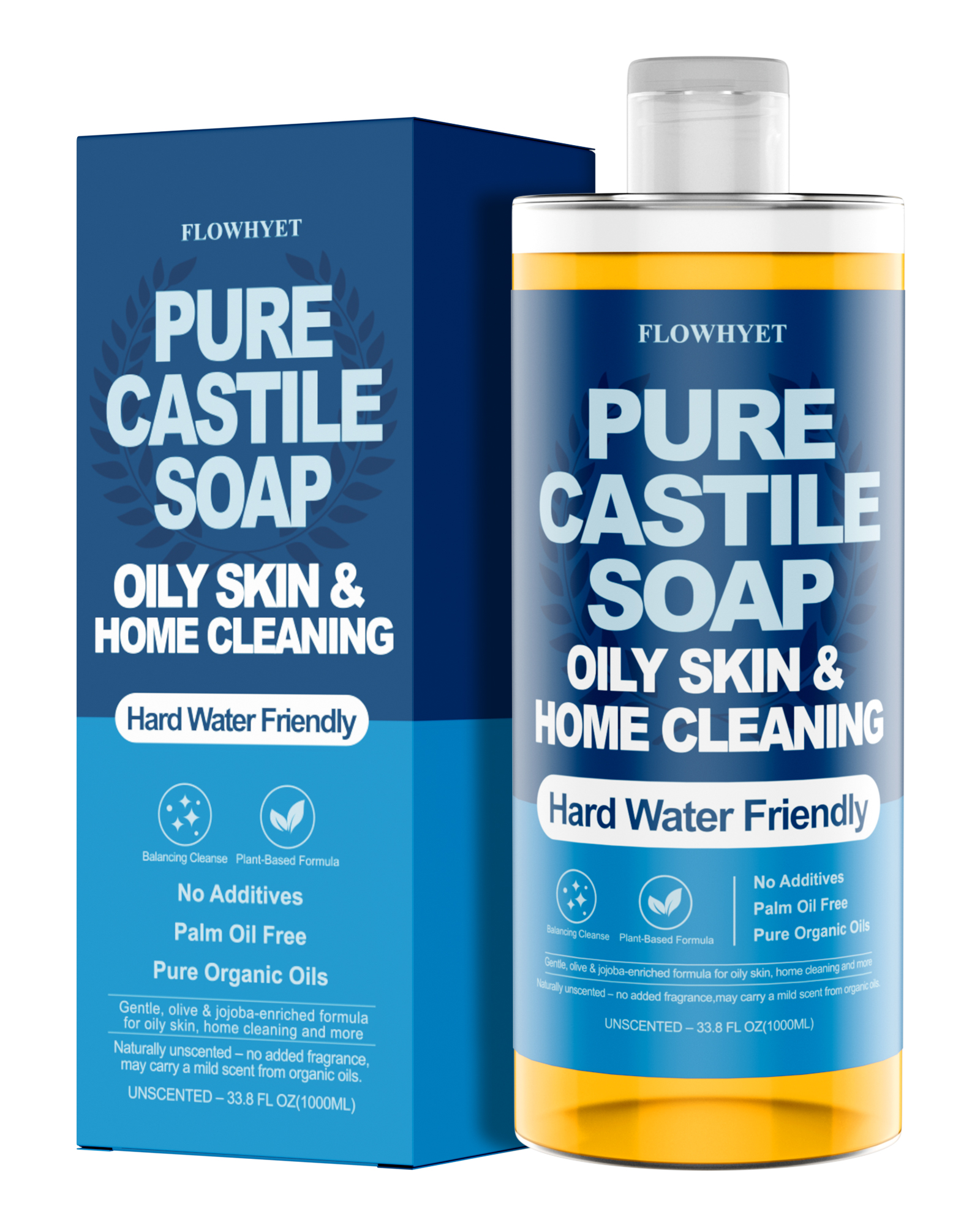 FLOWHYET Pure Castile Soap Liquid Unscented 33.8 fl oz, Organic Body Wash，Bath Soap Castile Liquid, Hard Water Friendly for Sensitive & Oily Skin for Body，Face, Hand, Multi-Purpose Home Cleaner 1L