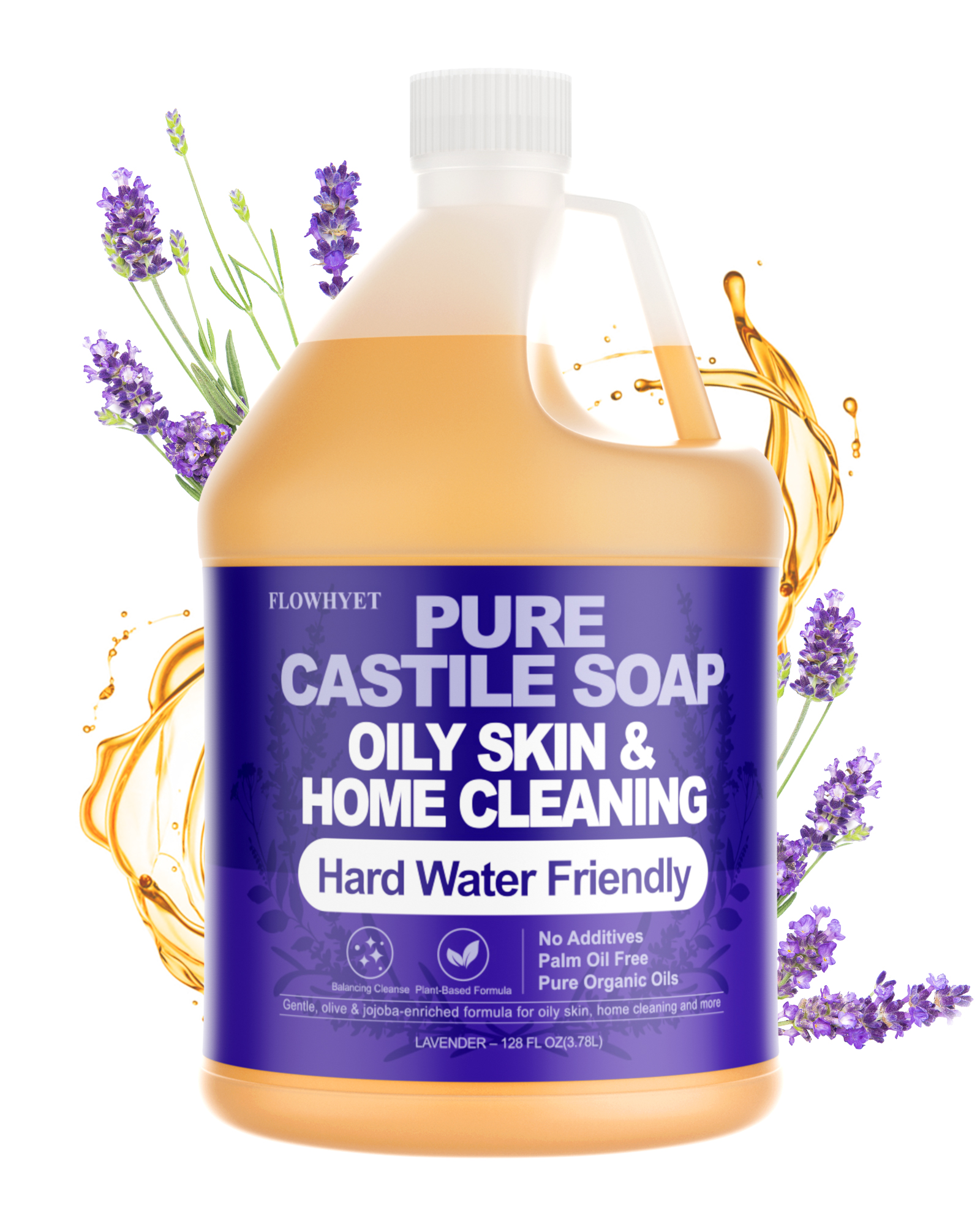 FLOWHYET Pure Castile Soap Liquid Lavender 1 Gallon (128 fl oz) Refill – Natural Organic Body Wash, Hard Water Friendly Bath Soap Liquid for Oily Skin,Body,Face, Laundry & Home Cleaning
