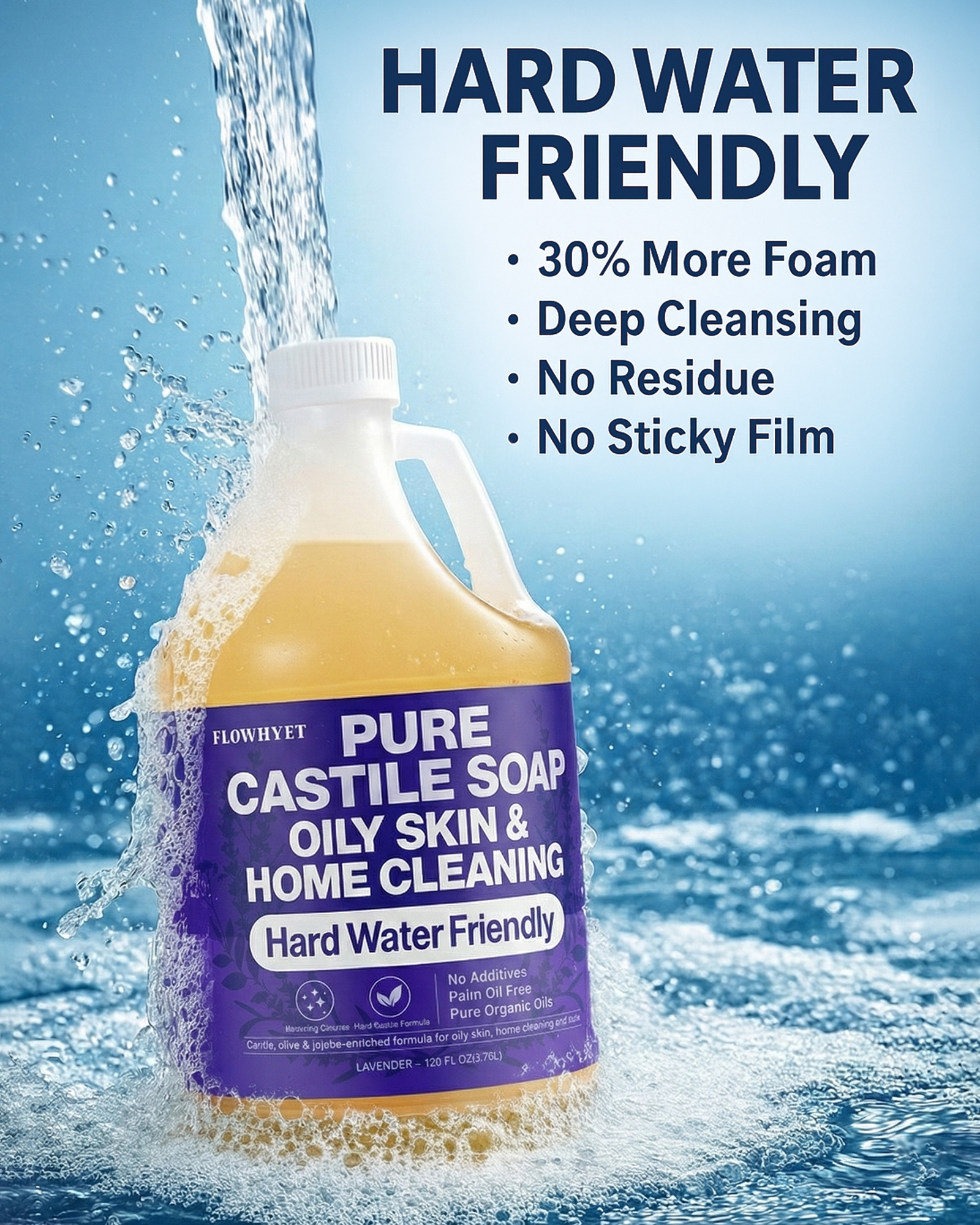 FLOWHYET Pure Castile Soap Liquid Lavender 1 Gallon (128 fl oz) Refill – Natural Organic Body Wash, Hard Water Friendly Bath Soap Liquid for Oily Skin,Body,Face, Laundry & Home Cleaning