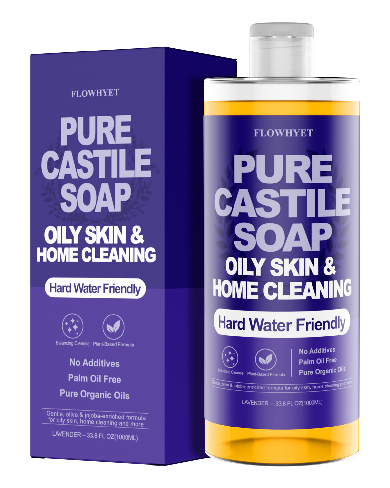 FLOWHYET Pure Castile Soap Liquid Lavender 33.8 fl oz – Natural & Vegan Body Wash for Oily & Sensitive Skin, Hard Water Friendly Bath Soap Liquid for Body,Face, Laundry Soap & Home Cleaning 1L