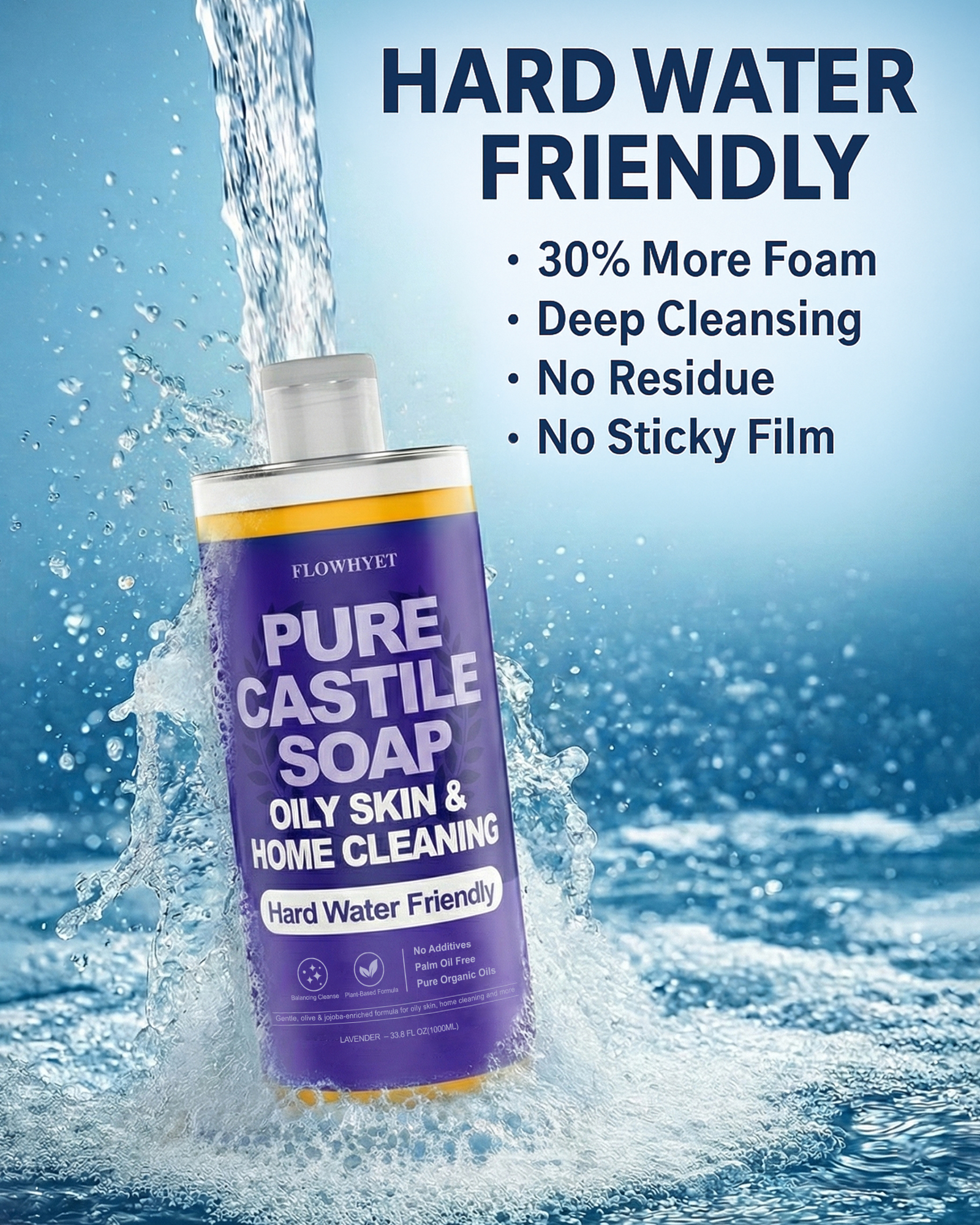 FLOWHYET Pure Castile Soap Liquid Lavender 33.8 fl oz – Natural & Vegan Body Wash for Oily & Sensitive Skin, Hard Water Friendly Bath Soap Liquid for Body,Face, Laundry Soap & Home Cleaning 1L