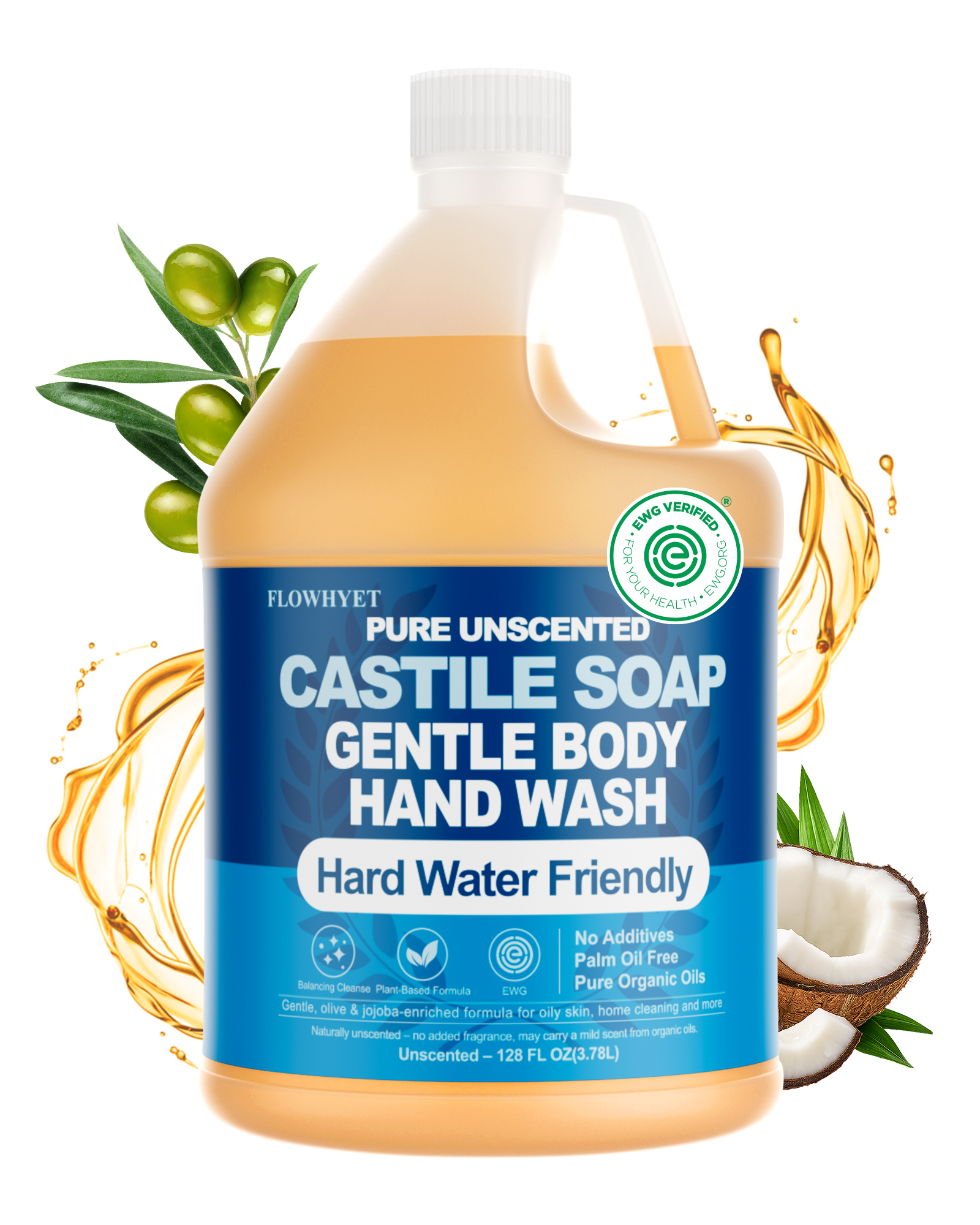 FLOWHYET Pure Castile Soap Liquid Unscented 1 Gallon(128 floz) Refill,Organic Body Wash Bath Soap Castile Liquid,Hard Water Oily Skin Friendly for Body, Face, Hand,Dishes,Home Cleaner Fragrance Free