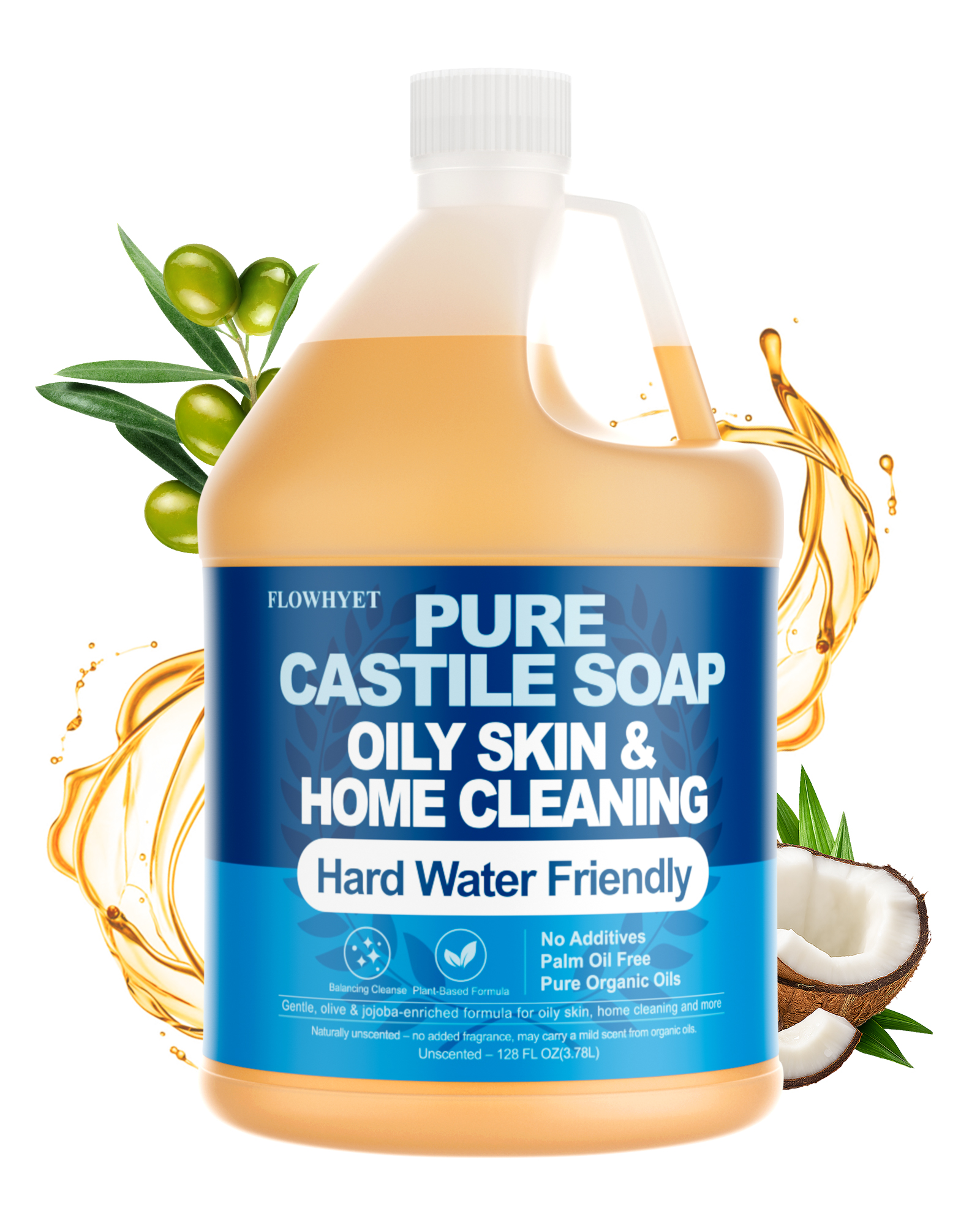 FLOWHYET Pure Castile Soap Liquid Unscented 1 Gallon(128 floz) Refill,Organic Body Wash Bath Soap Castile Liquid,Hard Water Oily Skin Friendly for Body, Face, Hand,Dishes,Home Cleaner Fragrance Free