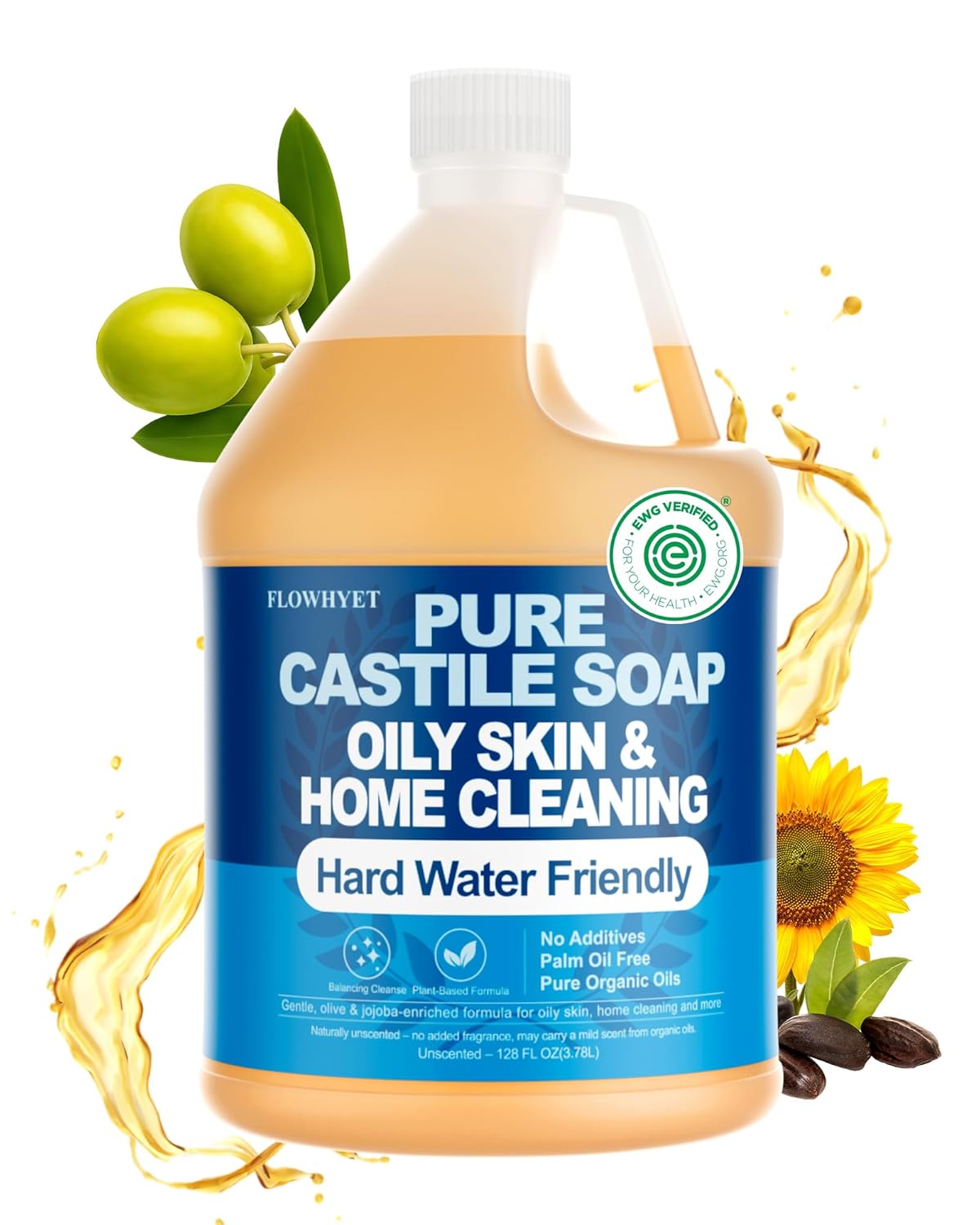 FLOWHYET Pure Castile Soap Liquid Unscented 1 Gallon(128 floz) Refill,Organic Body Wash Bath Soap Castile Liquid,Hard Water Oily Skin Friendly for Body, Face, Hand,Dishes,Home Cleaner Fragrance Free