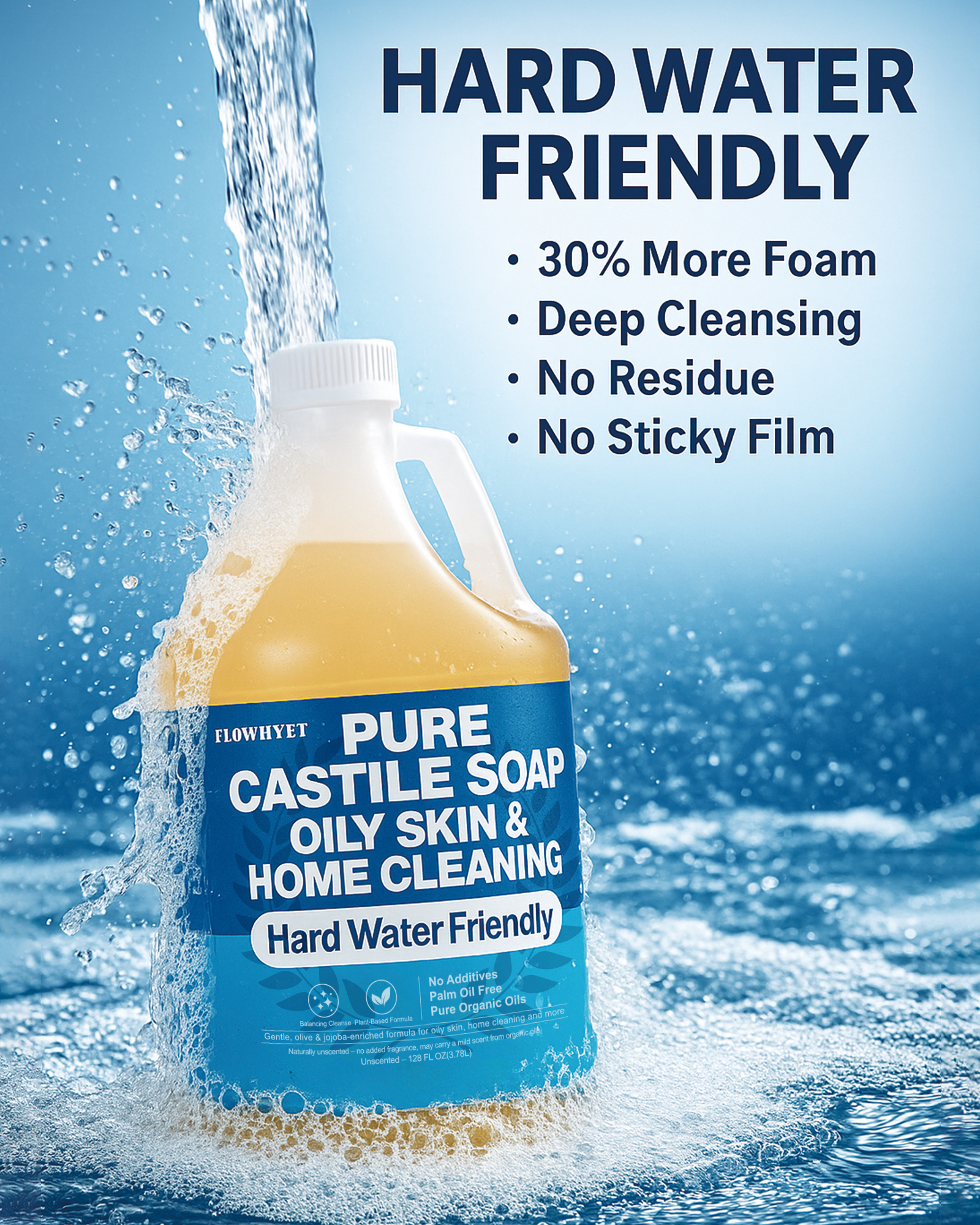 FLOWHYET Pure Castile Soap Liquid Unscented 1 Gallon(128 floz) Refill,Organic Body Wash Bath Soap Castile Liquid,Hard Water Oily Skin Friendly for Body, Face, Hand,Dishes,Home Cleaner Fragrance Free