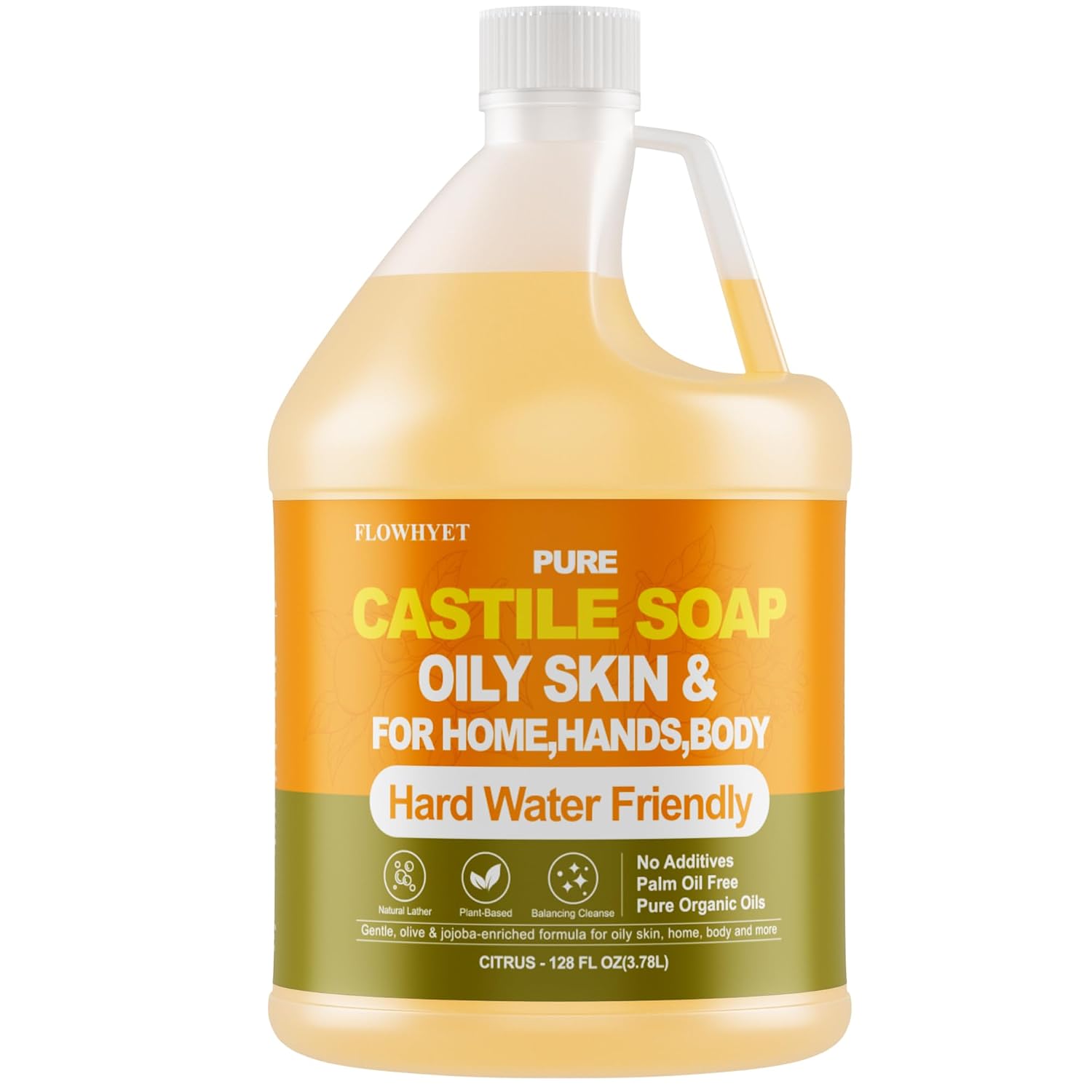 1 Gallon Liquid Castile Hand Soap Refill Pure, Natural Organic For Oily Skin, Hand, Bath, Body, Laundry, Dishes, Home Cleaning Vegan Hard Water Friendly