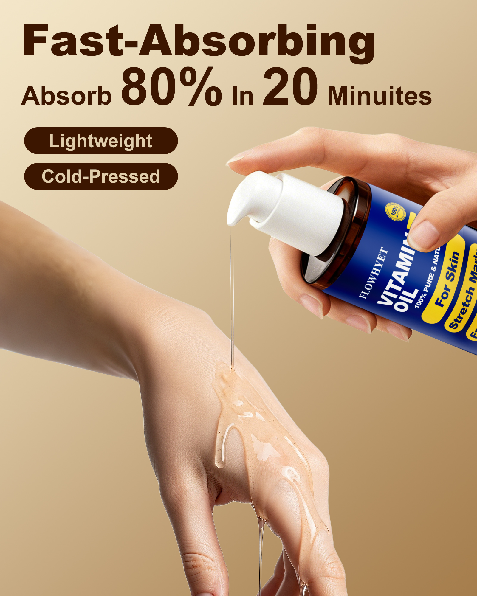 FLOWHYET Pure Vitamin E Oil for Skin 10 fl oz, Organic Lightweight Vitamin E Oil for Scar, Stretch Marks, Fast-Absorbing Body Oil Moisturizing and Firming Skin, Cold Pressed-300ml