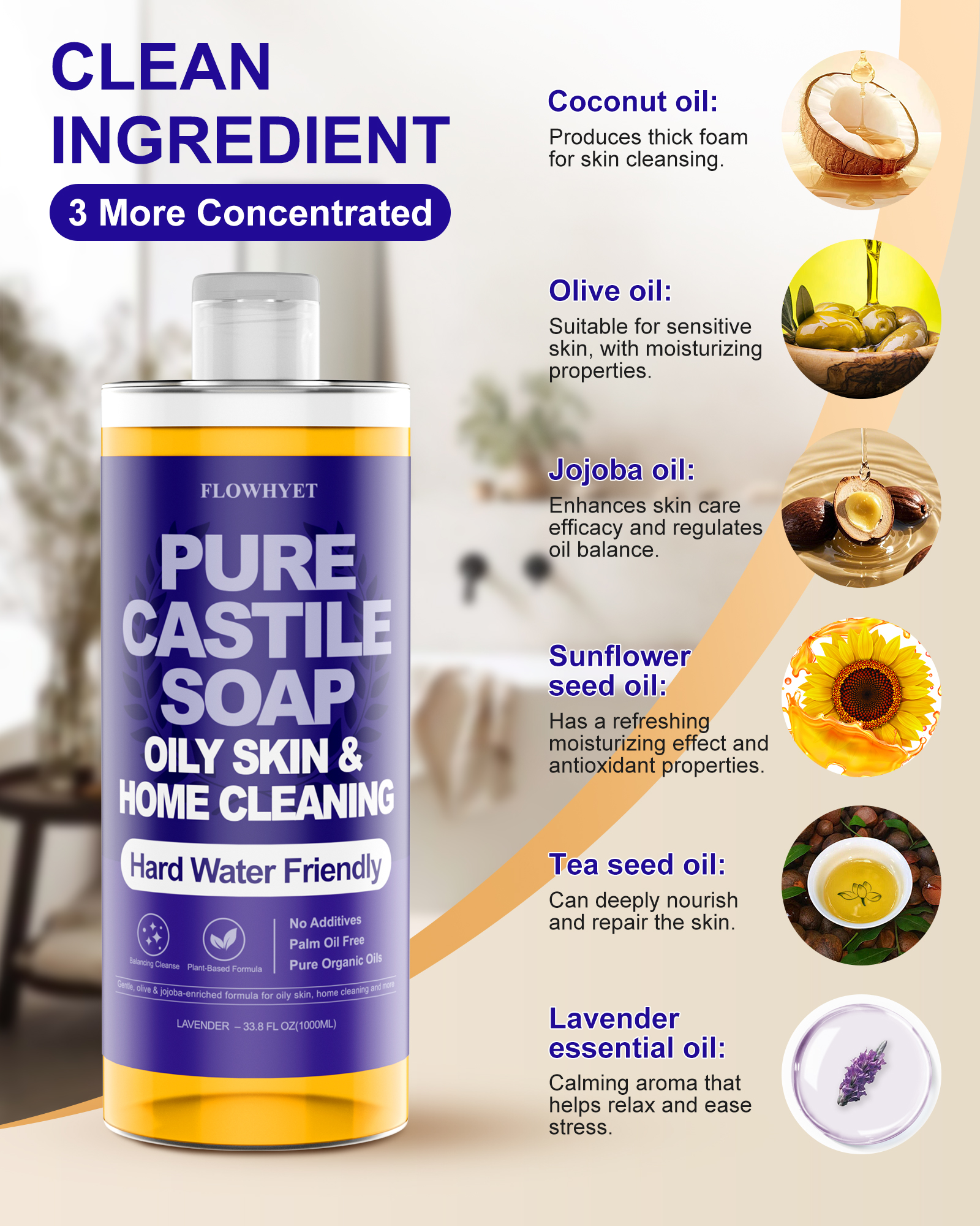 FLOWHYET Pure Castile Soap Liquid Lavender 33.8 fl oz – Natural & Vegan Body Wash for Oily & Sensitive Skin, Hard Water Friendly Bath Soap Liquid for Body,Face, Laundry Soap & Home Cleaning 1L