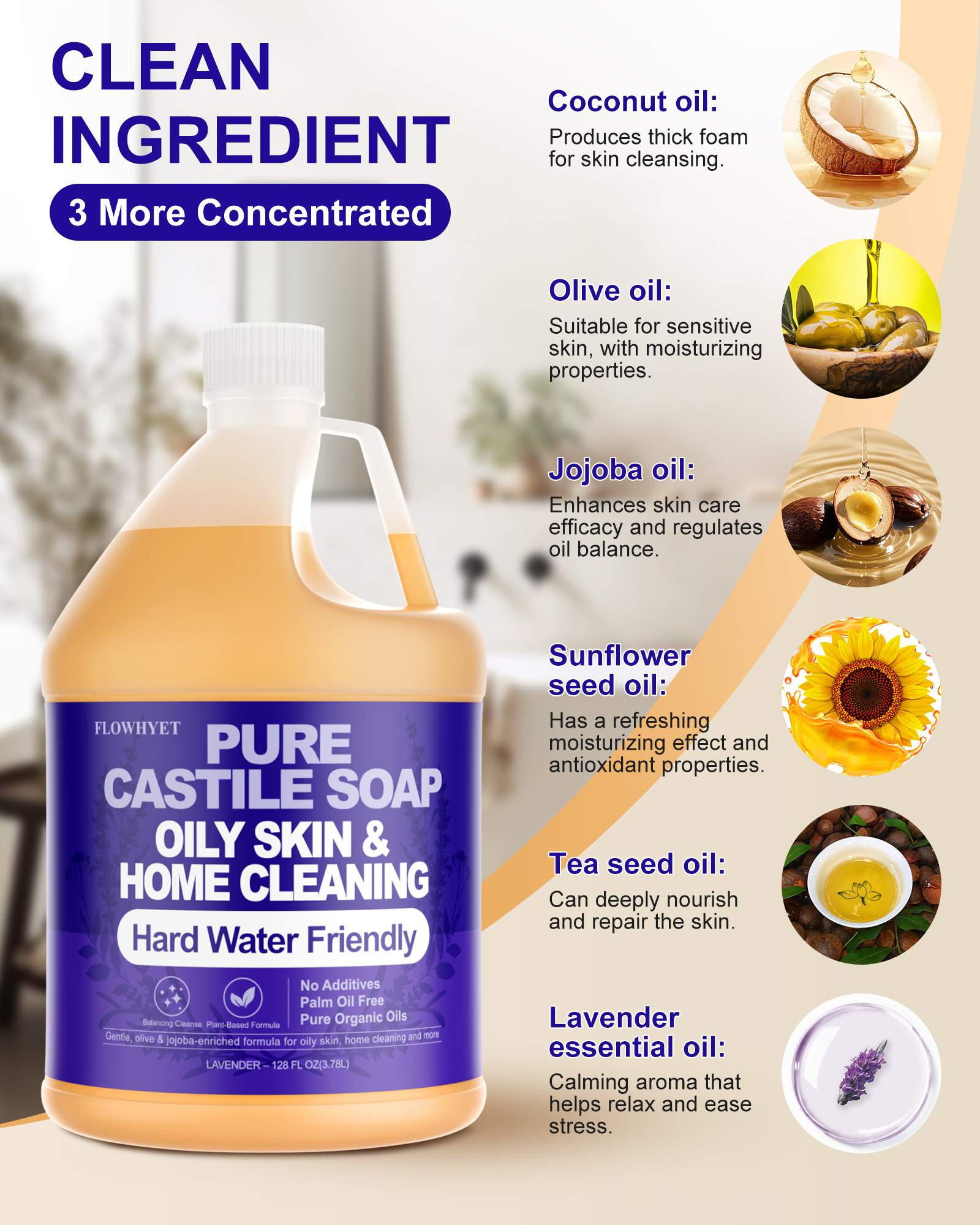 FLOWHYET Pure Castile Soap Liquid Lavender 1 Gallon (128 fl oz) Refill – Natural Organic Body Wash, Hard Water Friendly Bath Soap Liquid for Oily Skin,Body,Face, Laundry & Home Cleaning