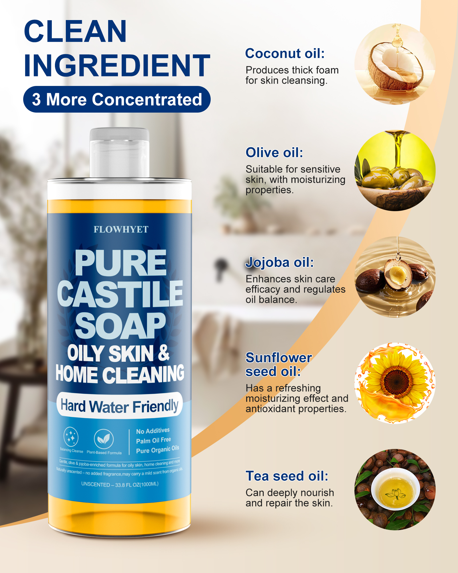 FLOWHYET Pure Castile Soap Liquid Unscented 33.8 fl oz, Organic Body Wash，Bath Soap Castile Liquid, Hard Water Friendly for Sensitive & Oily Skin for Body，Face, Hand, Multi-Purpose Home Cleaner 1L