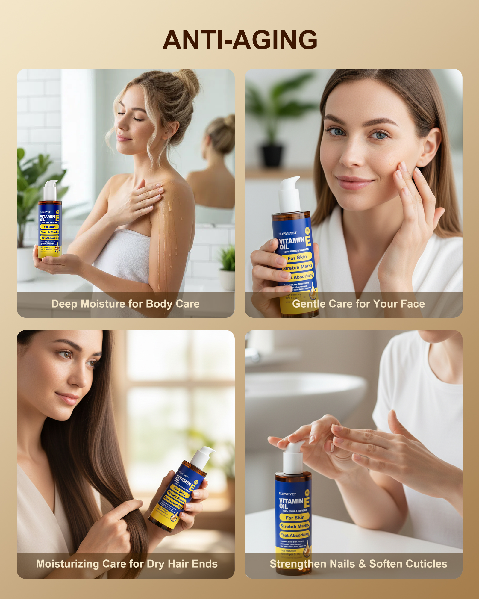 FLOWHYET Pure Vitamin E Oil for Skin 10 fl oz, Organic Lightweight Vitamin E Oil for Scar, Stretch Marks, Fast-Absorbing Body Oil Moisturizing and Firming Skin, Cold Pressed-300ml