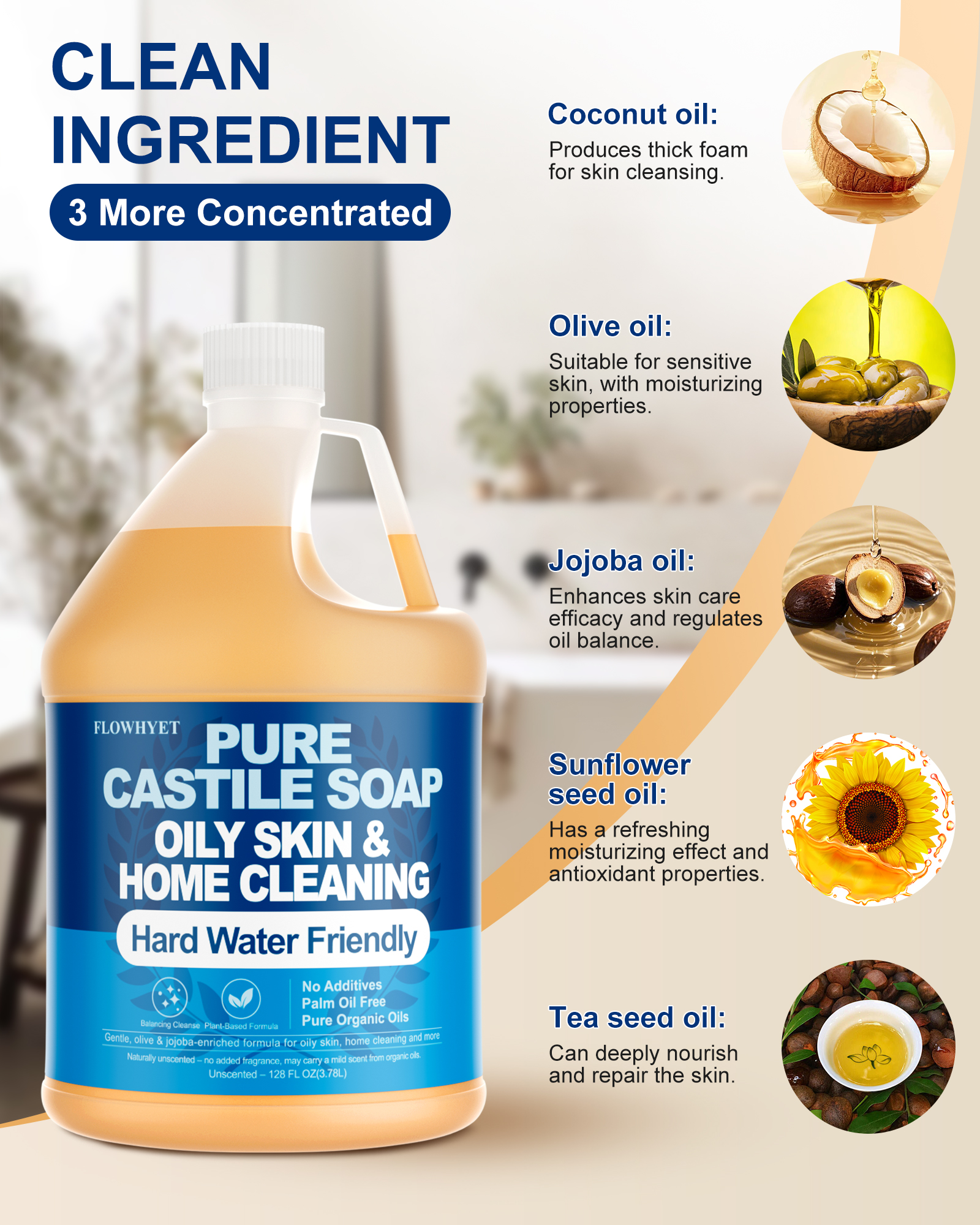 FLOWHYET Pure Castile Soap Liquid Unscented 1 Gallon(128 floz) Refill,Organic Body Wash Bath Soap Castile Liquid,Hard Water Oily Skin Friendly for Body, Face, Hand,Dishes,Home Cleaner Fragrance Free