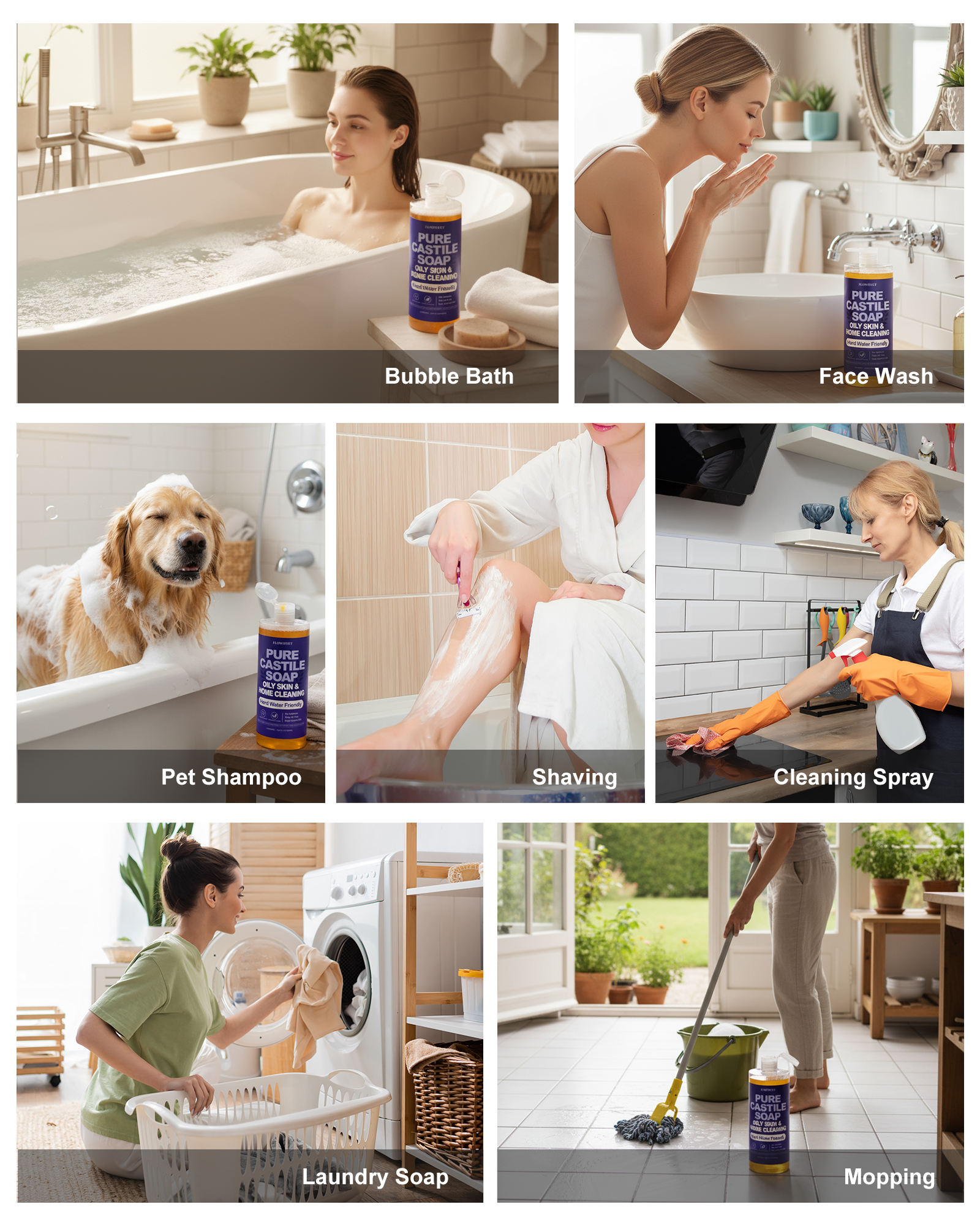 FLOWHYET Pure Castile Soap Liquid Lavender 33.8 fl oz – Natural & Vegan Body Wash for Oily & Sensitive Skin, Hard Water Friendly Bath Soap Liquid for Body,Face, Laundry Soap & Home Cleaning 1L