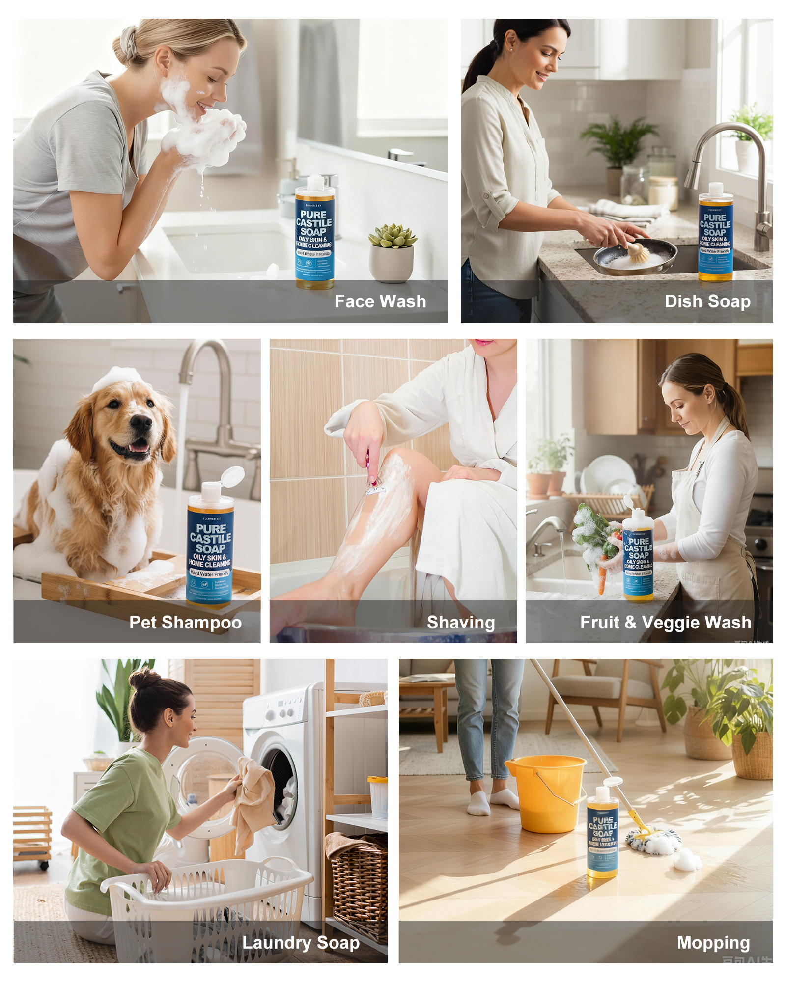 FLOWHYET Pure Castile Soap Liquid Unscented 33.8 fl oz, Organic Body Wash，Bath Soap Castile Liquid, Hard Water Friendly for Sensitive & Oily Skin for Body，Face, Hand, Multi-Purpose Home Cleaner 1L