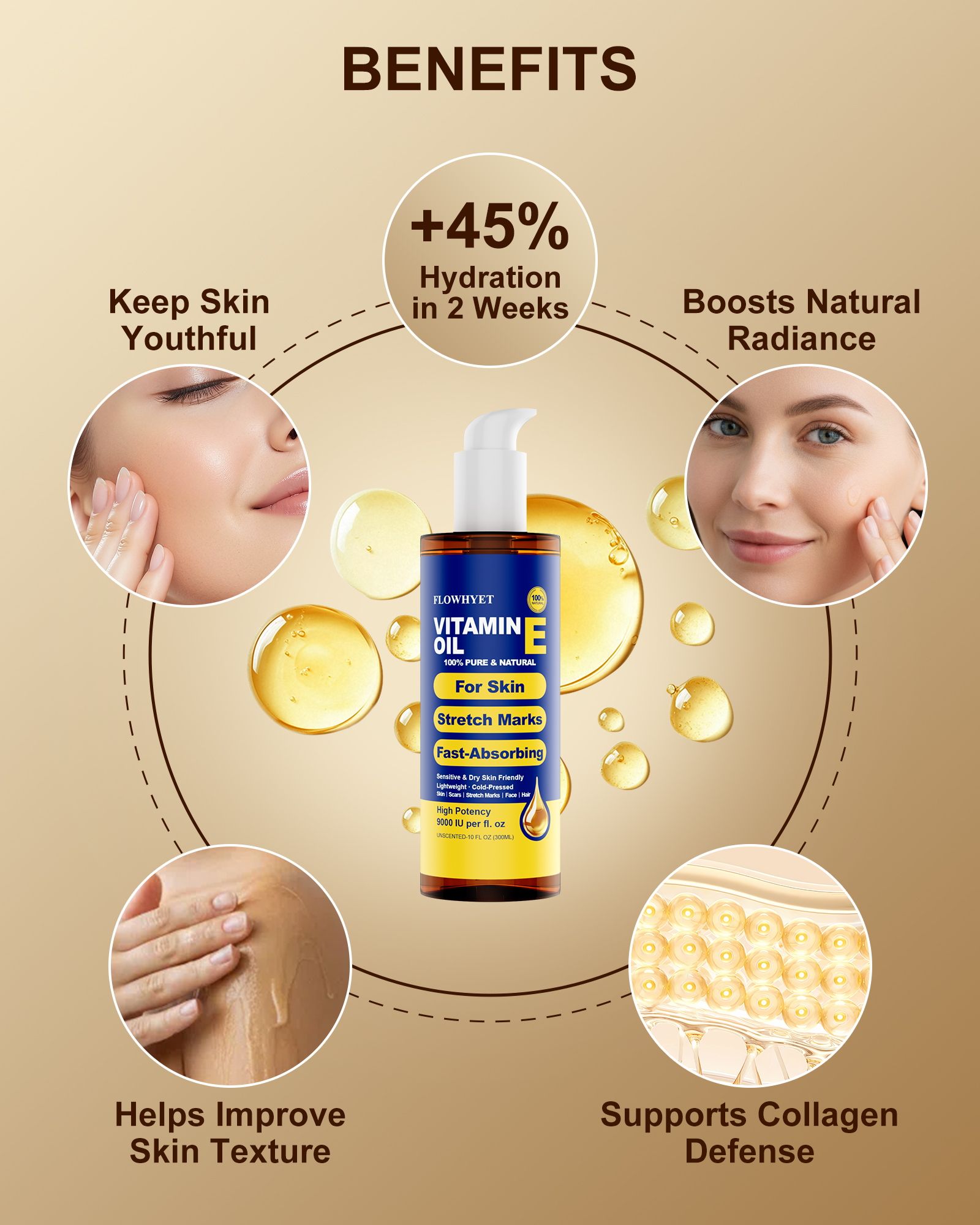 FLOWHYET Pure Vitamin E Oil for Skin 10 fl oz, Organic Lightweight Vitamin E Oil for Scar, Stretch Marks, Fast-Absorbing Body Oil Moisturizing and Firming Skin, Cold Pressed-300ml