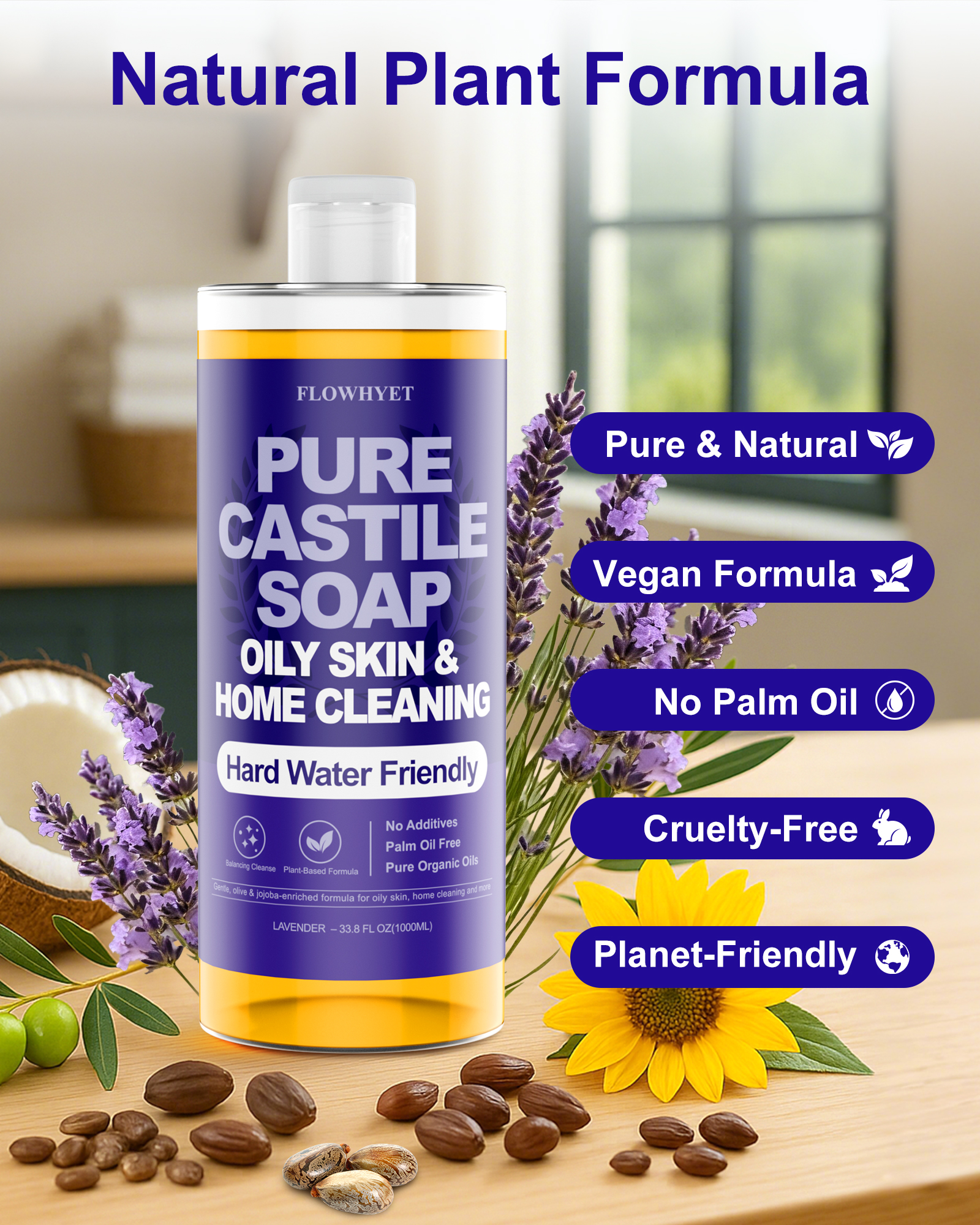 FLOWHYET Pure Castile Soap Liquid Lavender 33.8 fl oz – Natural & Vegan Body Wash for Oily & Sensitive Skin, Hard Water Friendly Bath Soap Liquid for Body,Face, Laundry Soap & Home Cleaning 1L