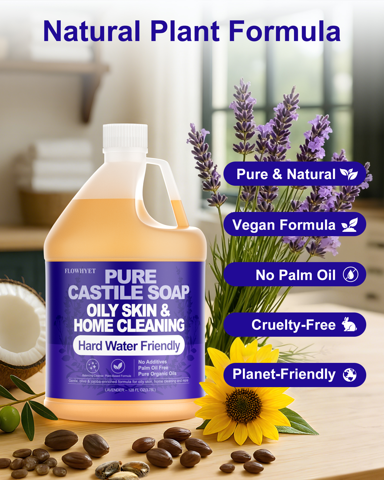 FLOWHYET Pure Castile Soap Liquid Lavender 1 Gallon (128 fl oz) Refill – Natural Organic Body Wash, Hard Water Friendly Bath Soap Liquid for Oily Skin,Body,Face, Laundry & Home Cleaning