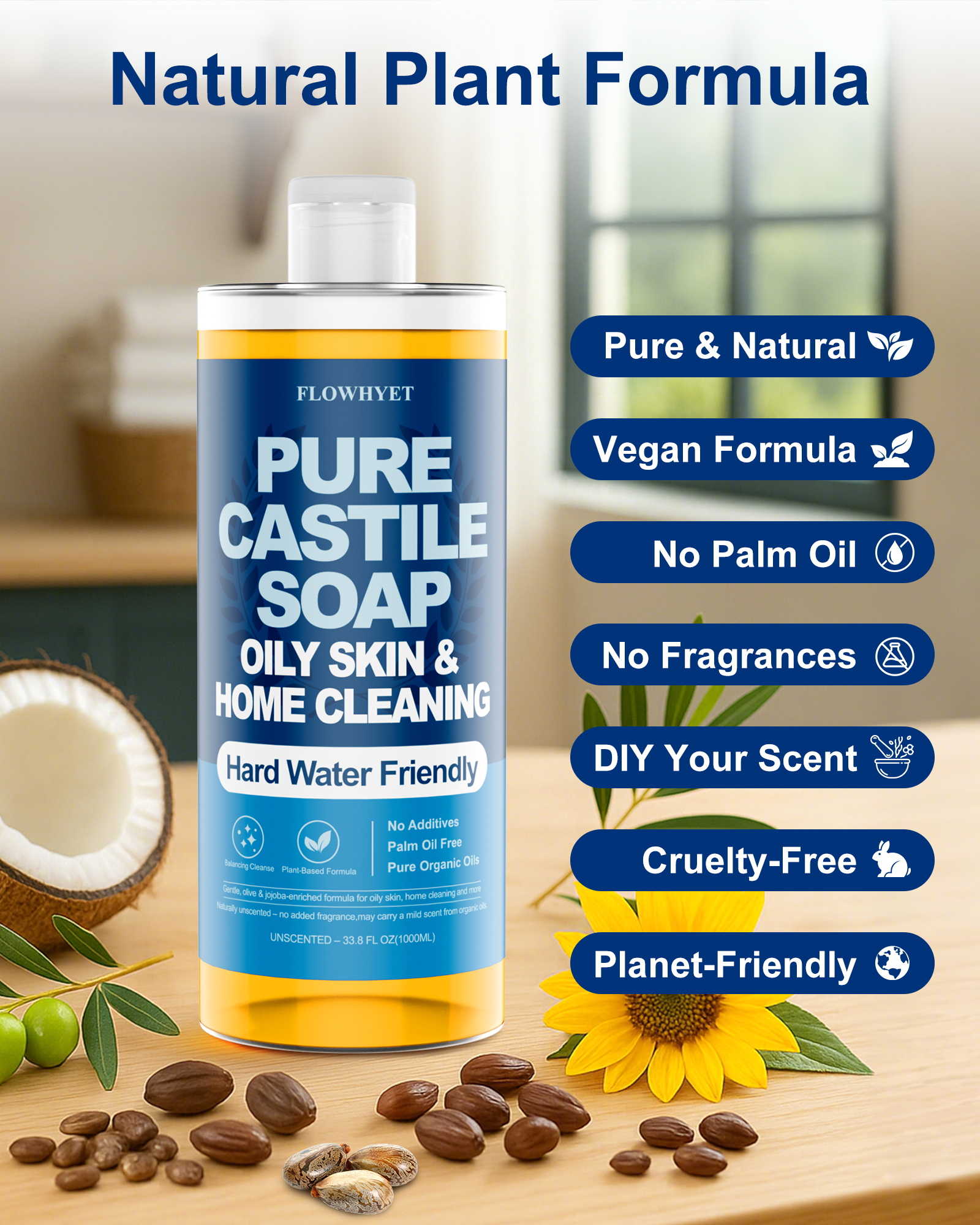 FLOWHYET Pure Castile Soap Liquid Unscented 33.8 fl oz, Organic Body Wash，Bath Soap Castile Liquid, Hard Water Friendly for Sensitive & Oily Skin for Body，Face, Hand, Multi-Purpose Home Cleaner 1L