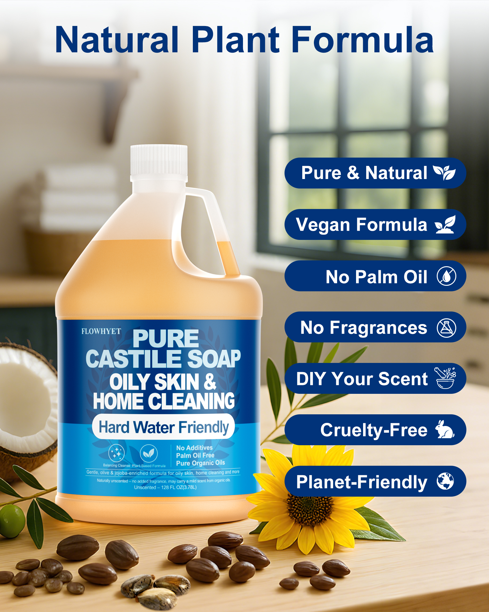FLOWHYET Pure Castile Soap Liquid Unscented 1 Gallon(128 floz) Refill,Organic Body Wash Bath Soap Castile Liquid,Hard Water Oily Skin Friendly for Body, Face, Hand,Dishes,Home Cleaner Fragrance Free