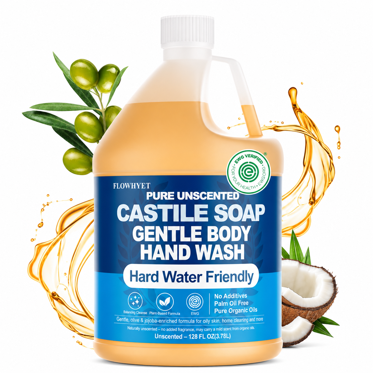 FLOWHYET Pure Castile Soap Liquid Unscented 1 Gallon(128 floz) Refill,Organic Body Wash Bath Soap Castile Liquid,Hard Water Oily Skin Friendly for Body, Face, Hand,Dishes,Home Cleaner Fragrance Free