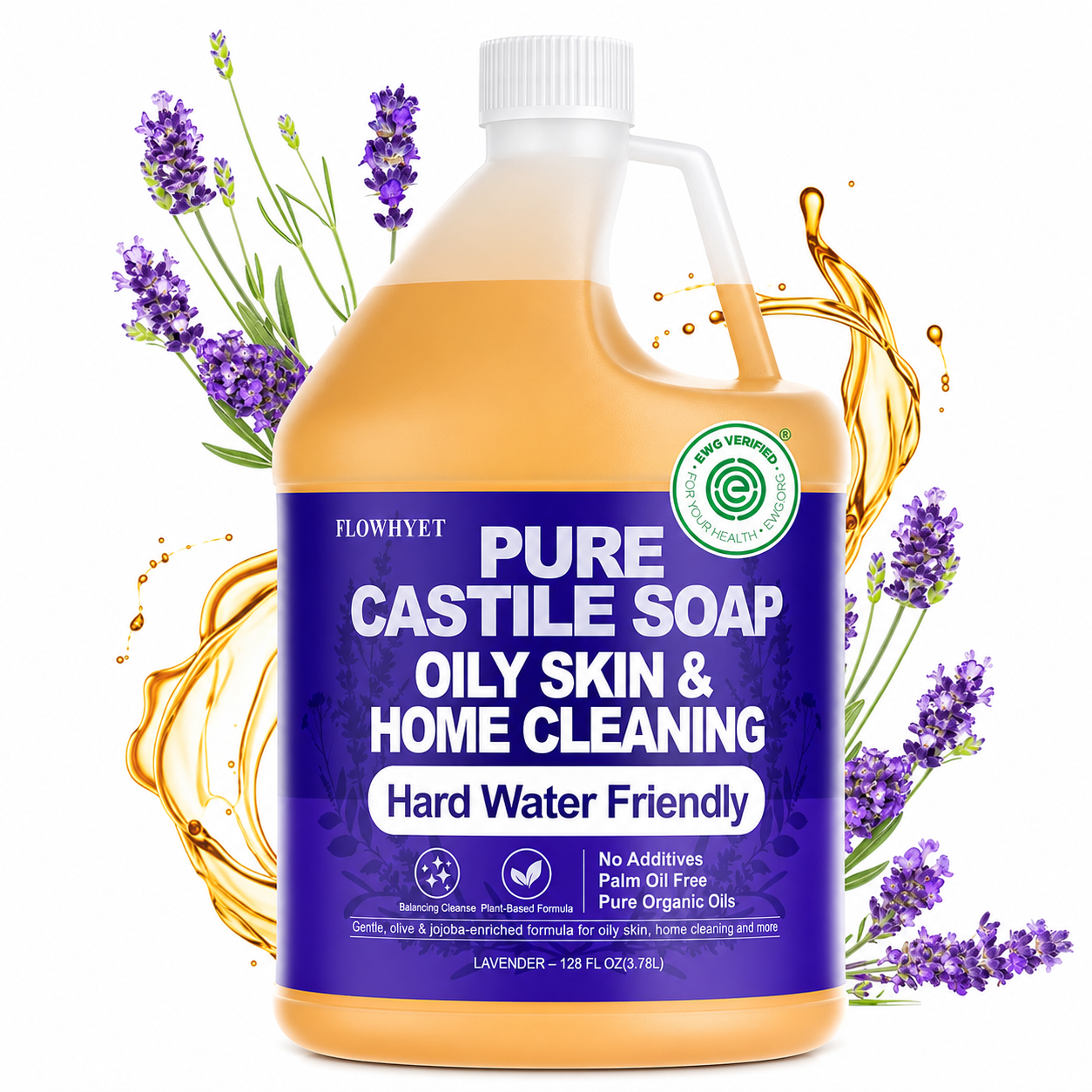 1 Gallon Liquid Castile Hand Soap Refill Pure, Natural Organic For Oily Skin, Hand, Bath, Body, Laundry, Dishes, Home Cleaning Vegan Hard Water Friendly