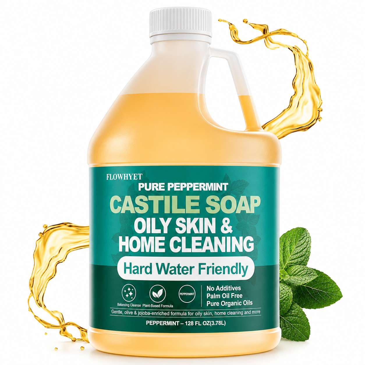 1 Gallon Liquid Castile Hand Soap Refill Pure, Natural Organic For Oily Skin, Hand, Bath, Body, Laundry, Dishes, Home Cleaning Vegan Hard Water Friendly