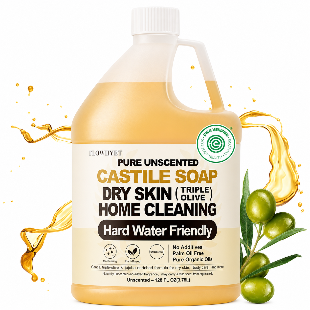 Pure Castile Soap Liquid Unscented Dry Skin EWG Verified 1 Gallon