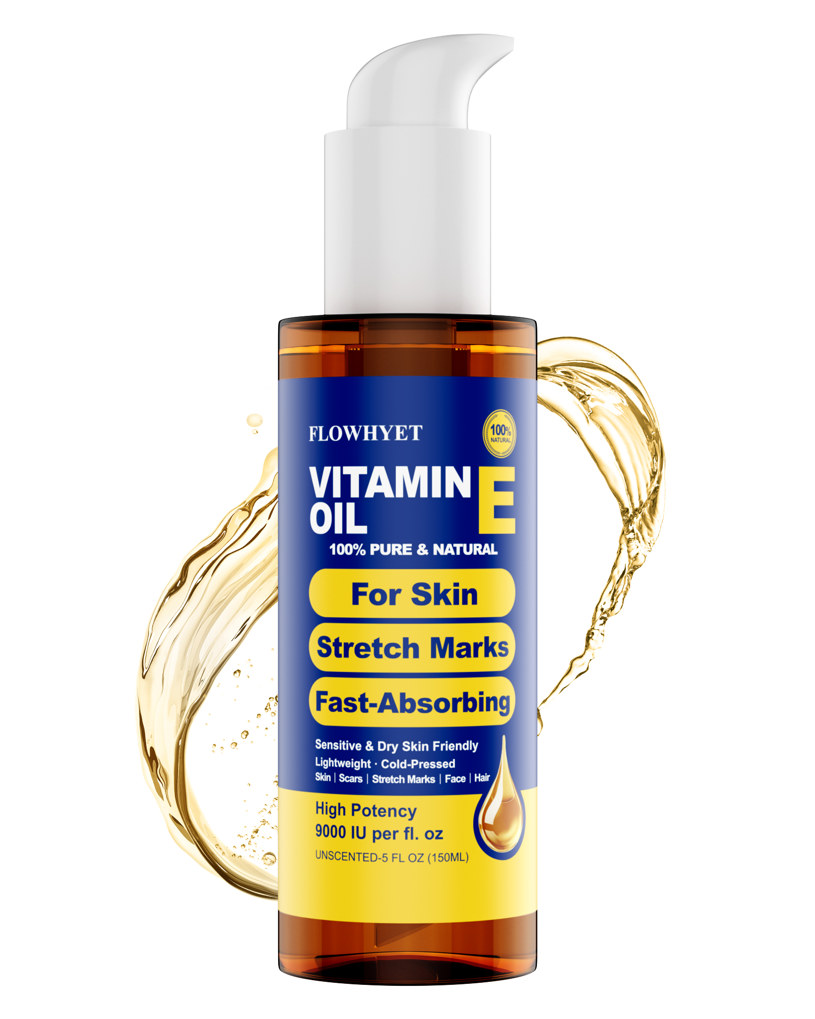 FLOWHYET Vitamin E Oil for Face 5 fl oz, Organic Vitamin E Oil for Scar, Stretch Marks, Skin and Hair, Lightweight Body Oil Moisturizing and Firming Skin, Cold Pressed Hexane Free-150ml
