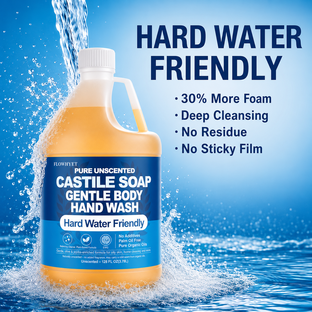 FLOWHYET Pure Castile Soap Liquid Unscented 1 Gallon(128 floz) Refill,Organic Body Wash Bath Soap Castile Liquid,Hard Water Oily Skin Friendly for Body, Face, Hand,Dishes,Home Cleaner Fragrance Free