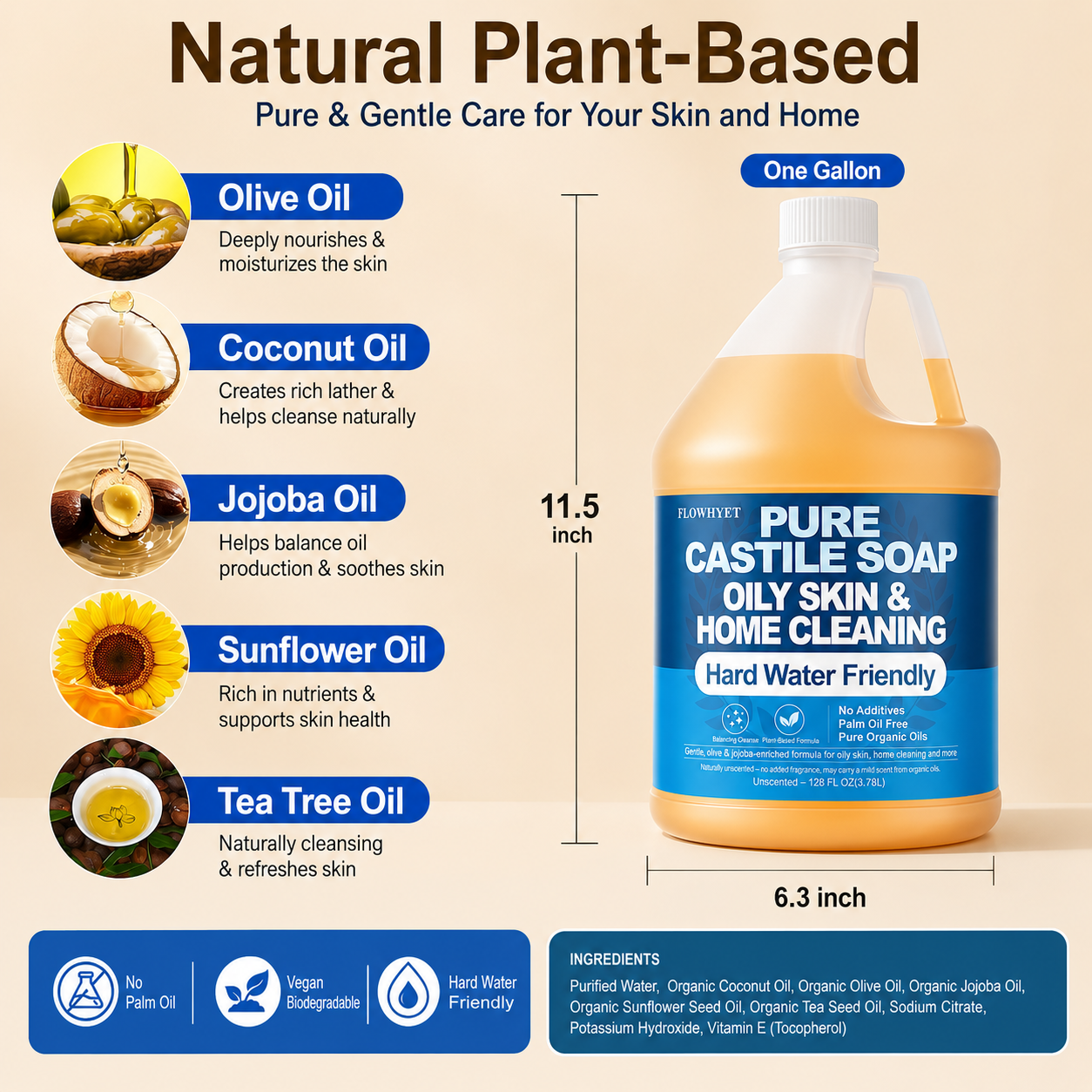1 Gallon Liquid Castile Hand Soap Refill Pure, Natural Organic For Oily Skin, Hand, Bath, Body, Laundry, Dishes, Home Cleaning Vegan Hard Water Friendly