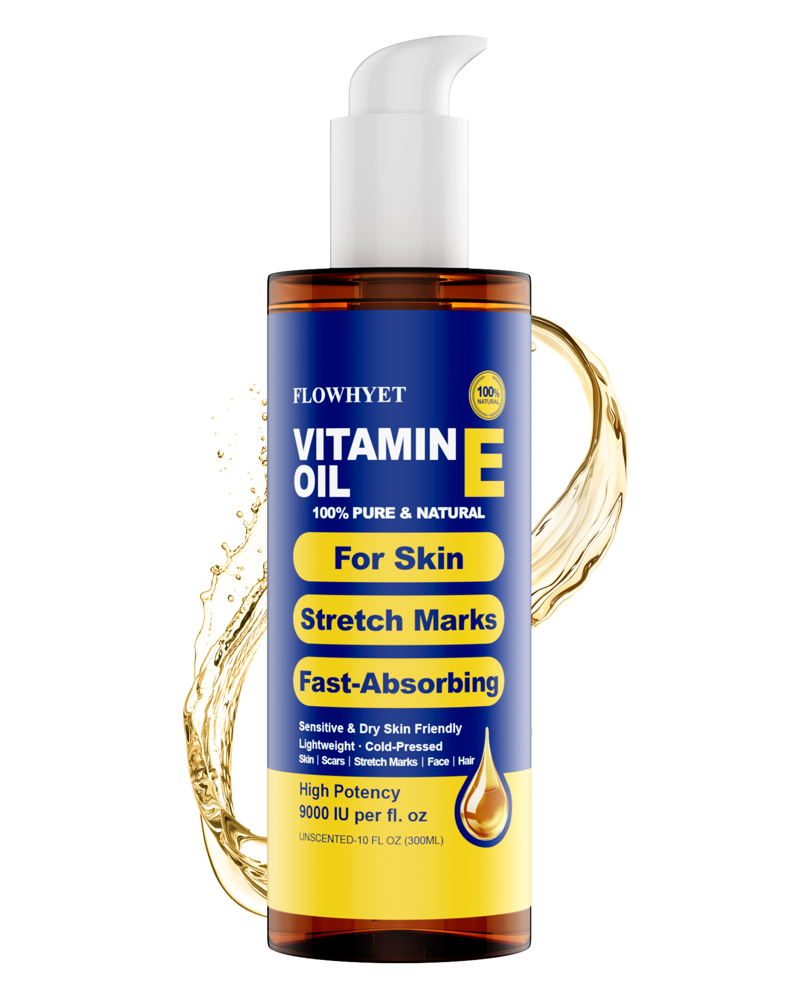 FLOWHYET Pure Vitamin E Oil for Skin 10 fl oz, Organic Lightweight Vitamin E Oil for Scar, Stretch Marks, Fast-Absorbing Body Oil Moisturizing and Firming Skin, Cold Pressed-300ml