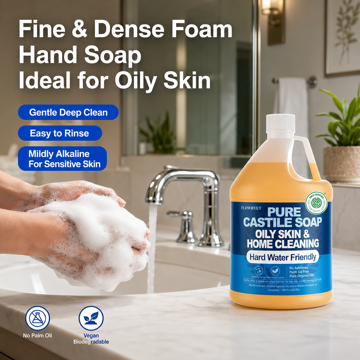1 Gallon Liquid Castile Hand Soap Refill Pure, Natural Organic For Oily Skin, Hand, Bath, Body, Laundry, Dishes, Home Cleaning Vegan Hard Water Friendly