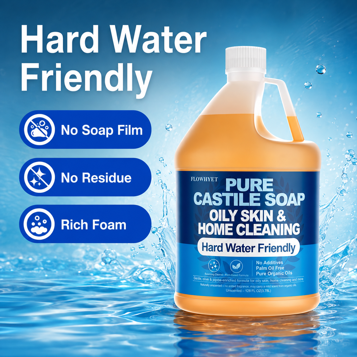 1 Gallon Liquid Castile Hand Soap Refill Pure, Natural Organic For Oily Skin, Hand, Bath, Body, Laundry, Dishes, Home Cleaning Vegan Hard Water Friendly