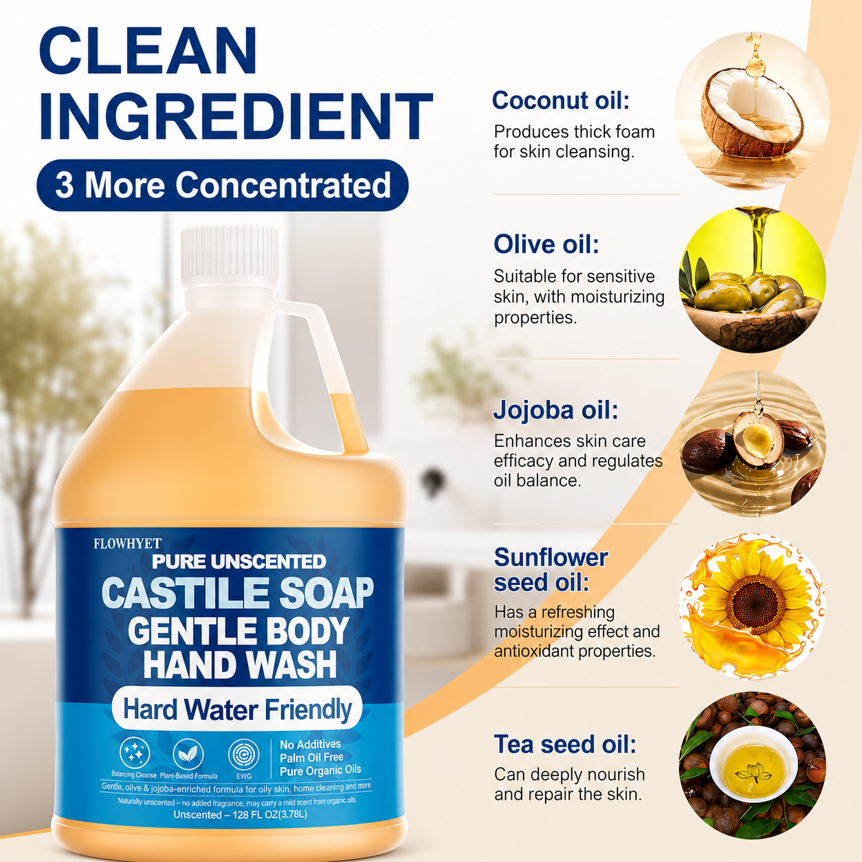 FLOWHYET Pure Castile Soap Liquid Unscented 1 Gallon(128 floz) Refill,Organic Body Wash Bath Soap Castile Liquid,Hard Water Oily Skin Friendly for Body, Face, Hand,Dishes,Home Cleaner Fragrance Free