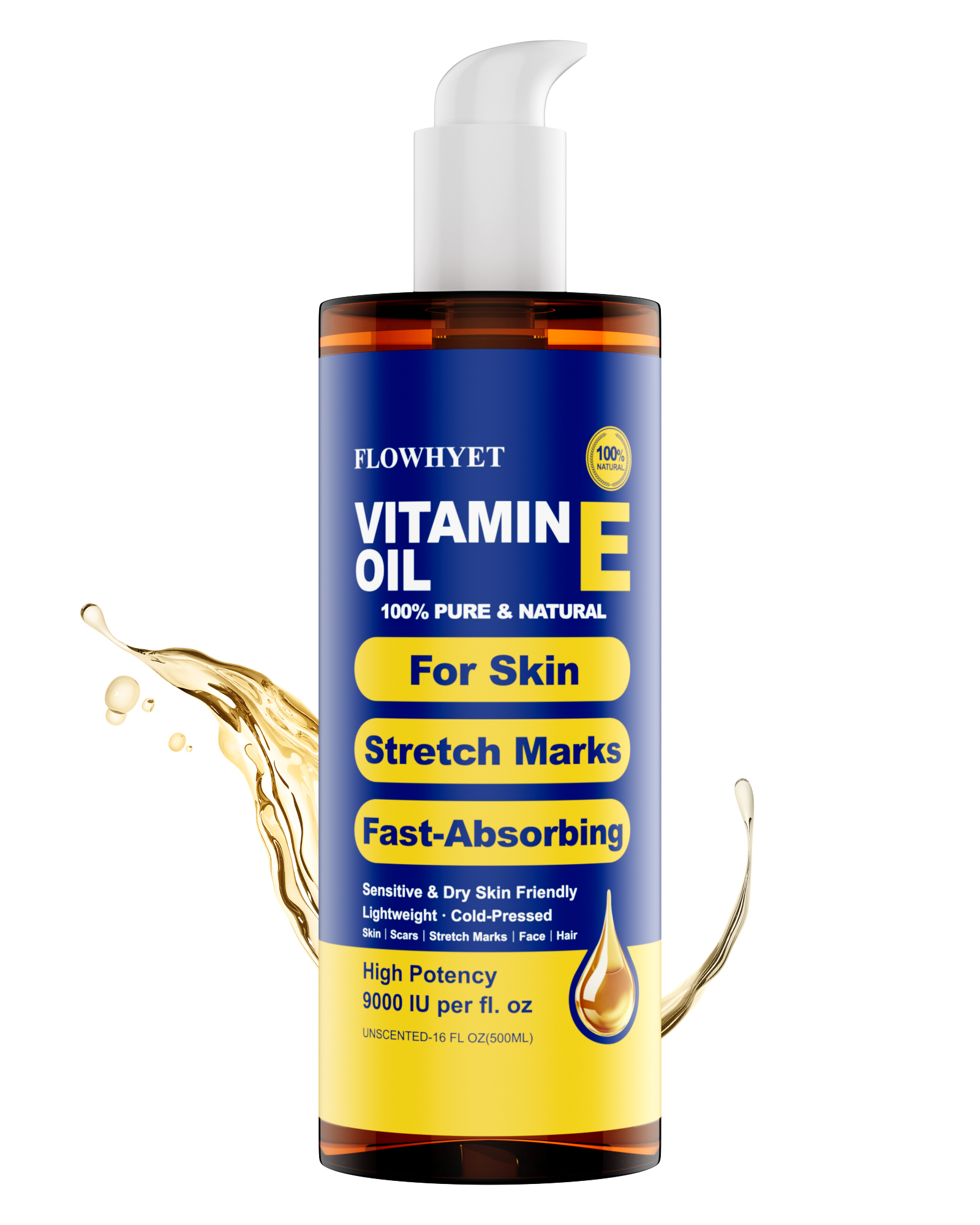 FLOWHYET 16 fl oz Pure Vitamin E Oil for Skin, Organic Vitamin E Oil for Scar, Stretch Marks, Face and Hair, Lightweight Bath and Body Oil Moisturizing Hexane Free Non-GMO Cold Pressed-500ml