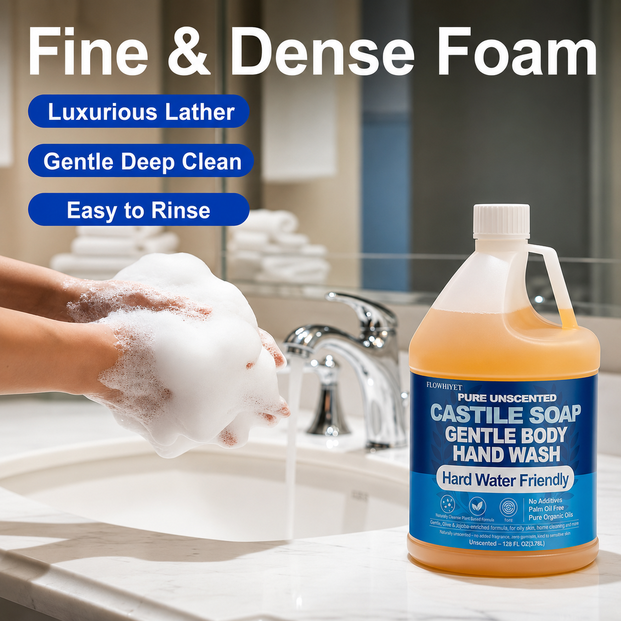 FLOWHYET Pure Castile Soap Liquid Unscented 1 Gallon(128 floz) Refill,Organic Body Wash Bath Soap Castile Liquid,Hard Water Oily Skin Friendly for Body, Face, Hand,Dishes,Home Cleaner Fragrance Free