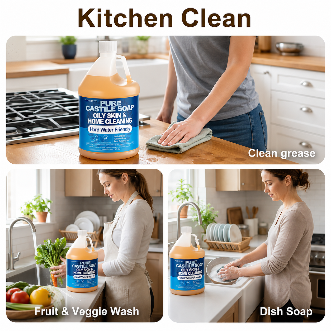 1 Gallon Liquid Castile Hand Soap Refill Pure, Natural Organic For Oily Skin, Hand, Bath, Body, Laundry, Dishes, Home Cleaning Vegan Hard Water Friendly