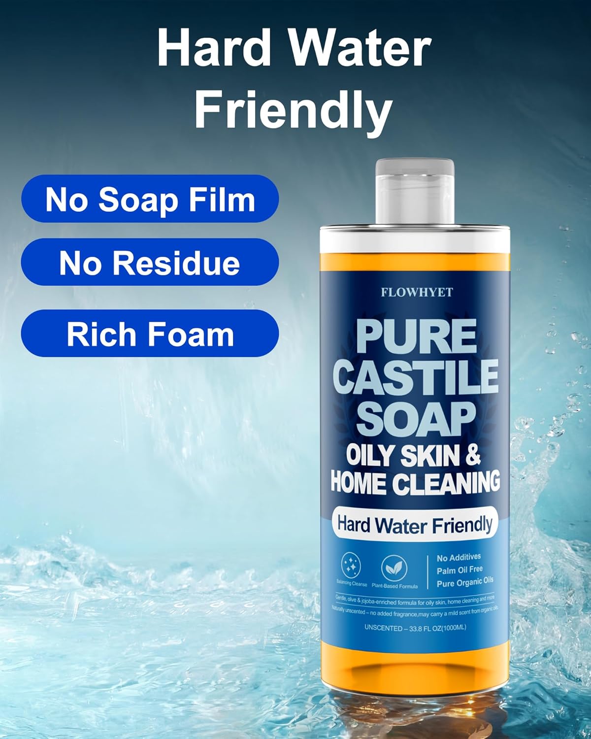 FLOWHYET Pure Castile Soap Liquid Unscented 33.8 fl oz, Organic Body Wash，Bath Soap Castile Liquid, Hard Water Friendly for Sensitive & Oily Skin for Body，Face, Hand, Multi-Purpose Home Cleaner 1L