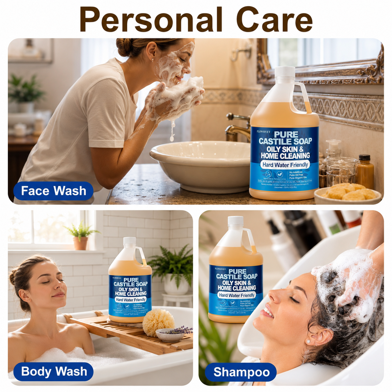 1 Gallon Liquid Castile Hand Soap Refill Pure, Natural Organic For Oily Skin, Hand, Bath, Body, Laundry, Dishes, Home Cleaning Vegan Hard Water Friendly
