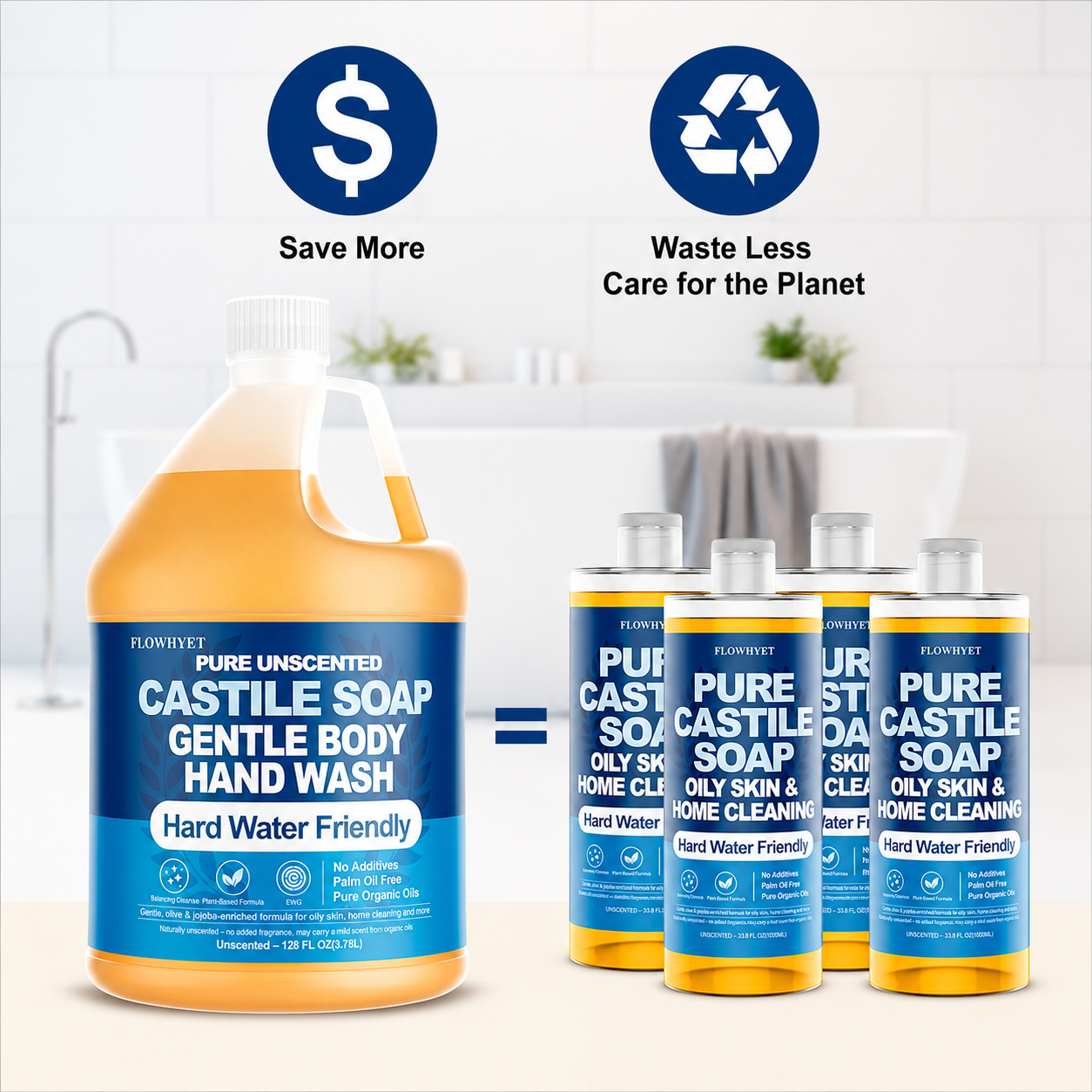 FLOWHYET Pure Castile Soap Liquid Unscented 1 Gallon(128 floz) Refill,Organic Body Wash Bath Soap Castile Liquid,Hard Water Oily Skin Friendly for Body, Face, Hand,Dishes,Home Cleaner Fragrance Free