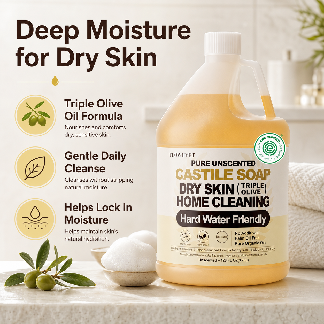 Pure Castile Soap Liquid Unscented Dry Skin EWG Verified 1 Gallon