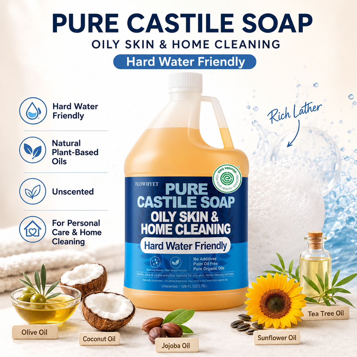 1 Gallon Liquid Castile Hand Soap Refill Pure, Natural Organic For Oily Skin, Hand, Bath, Body, Laundry, Dishes, Home Cleaning Vegan Hard Water Friendly