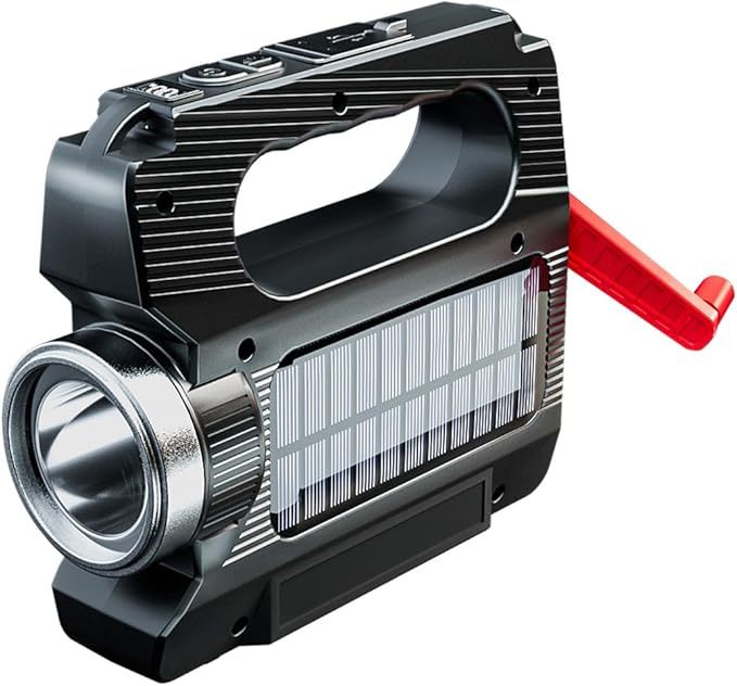 Hand Crank Solar Powered Flashlight - Rechargeable LED Emergency Camping Light with 6 Modes