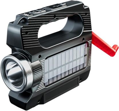Hand Crank Solar Powered Flashlight - Rechargeable LED Emergency Camping Light with 6 Modes