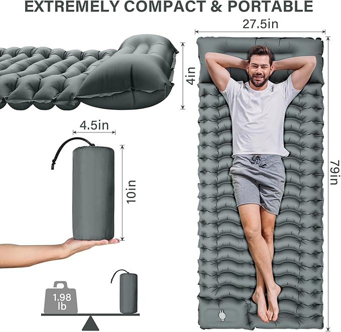 Ultralight Camping Pad with Pillow, Built-in Foot Pump, Inflatable Sleeping Pad, Compact Size for Camping, Backpacking, Hiking and Traveling