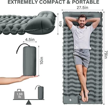 Ultralight Camping Pad with Pillow, Built-in Foot Pump, Inflatable Sleeping Pad, Compact Size for Camping, Backpacking, Hiking and Traveling