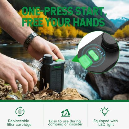 Electric Portable Water Filter Camping - Solar Powered, Hand Crank, USB Charging, Water Purifier Survival with Emergency Light for Hiking Backpacking Travel Outdoor, Phone Charger