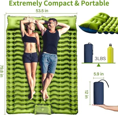 Double Sleeping Pad - 2 Person with Pillow Built-in Foot Pump Inflatable Sleeping Mat for Backpacking, Hiking, Traveling, Tent, Portable Camping Mat