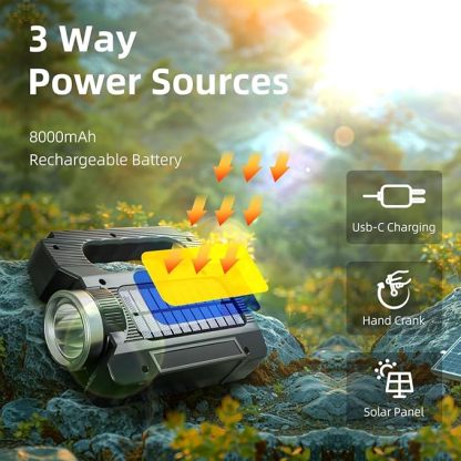 Hand Crank Solar Powered Flashlight - Rechargeable LED Emergency Camping Light with 6 Modes