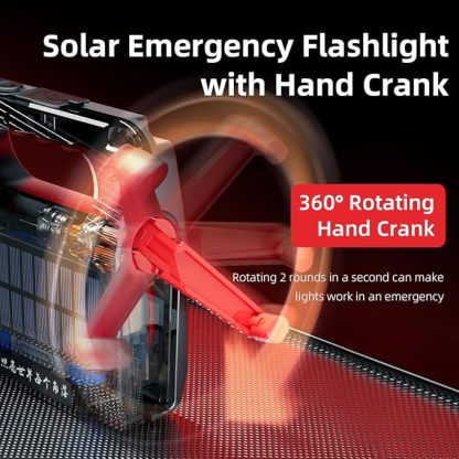 Hand Crank Solar Powered Flashlight - Rechargeable LED Emergency Camping Light with 6 Modes